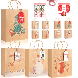 LYLIN 12Pcs Christmas Gift Bags, Christmas Kraft Paper Bags for Holiday, Christmas Goody Bags, Small Christmas Gift Bags with Handles, Xmas Treat Bags for Holiday Paper Party Gift Bags Party Supplies