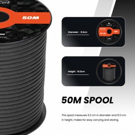 Abma Cord Paracord 4mm 50m 100% Nylon Rope 9 Strands Type III Parachute Cord for DIY, Survival Kits - Max. 280kg - Black