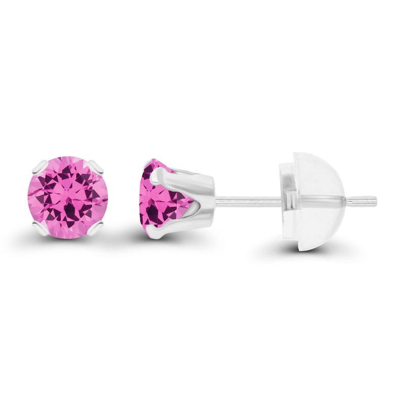 Genuine 14K Solid White Gold 4mm Round Created Pink Sapphire