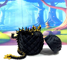 3D Printed Dragon, Black and Gold Cherry Blossom Dragon in Dragon Egg, 12" Articulated Adult Fidget ADHD Autism Toy, Home Office Decor Executive Desk Toy - D084-BE
