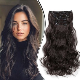 Dcbaboo Clip-In Hair Extensions, Wavy Dark Brown, Clip-In Hairpiece, Wavy, 6 Pieces, 55 cm, Synthetic Hair Extensions with Clips, Curly Curls, Long Hair Extensions for Women
