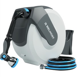 Retractable Garden Hose Reel 1/2 in x 65 ft, Heavy Duty Wall Mount Outdoor Hose with Auto Rewind, Any Length Lock, 180° Swivel Bracket & 10-Pattern Nozzle (White & Grey)
