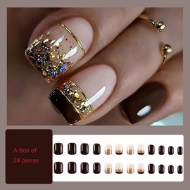 SPEVERT Press on Nails Shotr Square - Golden Foil Brown French Nails,24pcs - 12 Sizes Fake Nail with Glue for Women