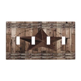 Vintage Rustic American Western Cabin Barn Texas Star on Taupe Wood Wooden Quad Toggle Light Switch Cover 4-Gang Electrical Decorator Wall Plate Quadruple Switch Four Device Receptacle Outlet Cover