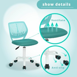 FurnitureR Writing Task Chair 360 Swivel,Low Mid PP Mesh Back Fabric Seat, Height Adjustable, Rolling Castor,W15.7”xD15.2”x H29.5-34.2",Turquoise