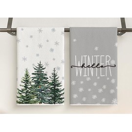 Tea Towels Christmas Set of 2, Kitchen Towels Christmas Trees Kitchen Towels White Grey 41 x 63 cm Tea Towel with Christmas Motifs Trees Snowflakes Hello Winter Decoration Polyester Towels