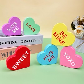 Valentines Day Conversation Hearts Decorations for The Home Table,6 PCS Wooden Candy Heart Shaped Signs Decor for Tiered Tray Mantel Shelf,Valentines Gifts for Him Her Boyfriend Girlfriend Anniversary