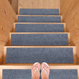 Ottomanson Non-Slip Rubberback Solid Design 8" x 30" Indoor/Outdoor Stair Treads, 14 Pack, Gray