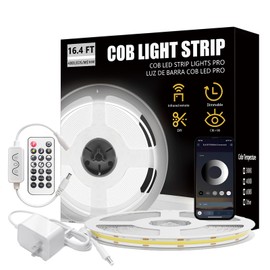 COB LED Strip Light 16.4FT,Warm White,CRI93+ Super Bright High Lumen,Dimmable 24V Flexible COB LED Tape Light with RF Remote APP Control,for Cabinets,Home&Office DIY Lighting (6000K-16.4ft/5m)