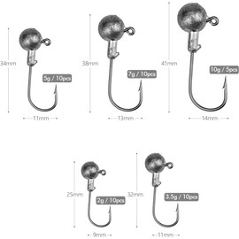 Wandefol Pack of 45 Jig Hooks with Round Jig Head for Rubber Fish for Predator Fishing, Lead Head Fishing Hooks Set with Various Sizes 2 g 3.5 g 5 g 7 g 10 g