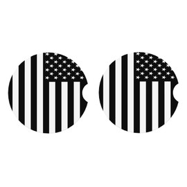 KOSUES Black White American Flag Absorbent Ceramic Car Coasters 2 Pack Round Insert Cupholder Coaster Car Cup Holder Mat with Finger Notch Anti-Slip Cork Base Reusable Drink Coasters 2.56 in
