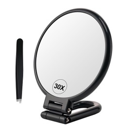 SLNXA Espejo de Aumento 30x, Espejos de Mano de Viaje con Asa-Espejo de Mano de Doble Cara con Aumento 1X 30X y Asa/Stand Ajustable, Espejo de Mano Plegable de Viaje para Maquillaje