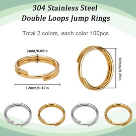 SUNNYCLUE 1 Box 200Pcs Double Loop Jump Ring 304 Stainless Steel Split Rings Silver Golden Metal Round Loops Opener Large Connectors Key Ring for Jewellery Making Necklace Bracelet DIY Accessories