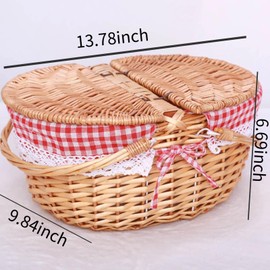 GOVNPJ Wicker Picnic Baskets, Country Vintage Picnic Basket with Picnic Cloth Split Lid Picnic Basket, with Folding Handle Picnic Hamper for Picnic Hiking Camping（13.78" D x 9.84" W x 6.69" H）