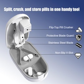 Pill Cutter and Splitter for Small and Large Pills, Vitamin Tablet Press Crusher, Pocket Pill Organizer with Safety Blade Guard, Portable Divider for Travel Use – White