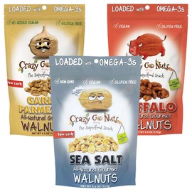Crazy Go Nuts Savory Sampler Walnuts - Healthy Snacks, Gluten Free, Natural Superfood, Omega 3 Fatty Acids and Antioxidants, Plain with Sea Salt, Garlic Parmesan, and Buffalo - 4.5 oz, 3-Pack