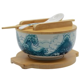 XWORLD Japanese Ceramic Ramen Noodle Bowls Set with Ceramic Spoon, Bamboo Chopsticks, Lid & Trivet, Serving Capacity of 33.8 OZ, Microwavable Oven Safety (3.3” x 6.6” D) (Blue Sea)
