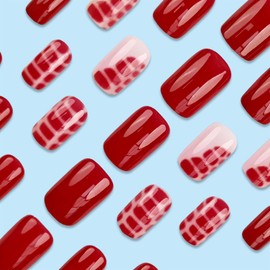 ＴＩＺＹＦＦ Press on Nails, Burgundy European Square Simple Crocodile Print Fake Nails, Artificial Nails for Women and Girls -24 pcs