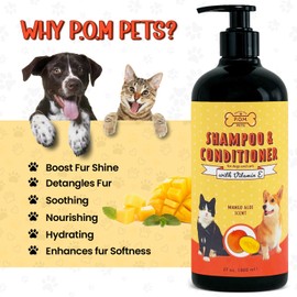 POM Pets 2-in-1 Organic Dog Shampoo & Conditioner – Itchy Skin Relief, Dog Deshedding, Detangles Fur, Cat Shampoo, Paw Cleaner for Dogs, Natural Coat Defense Formula