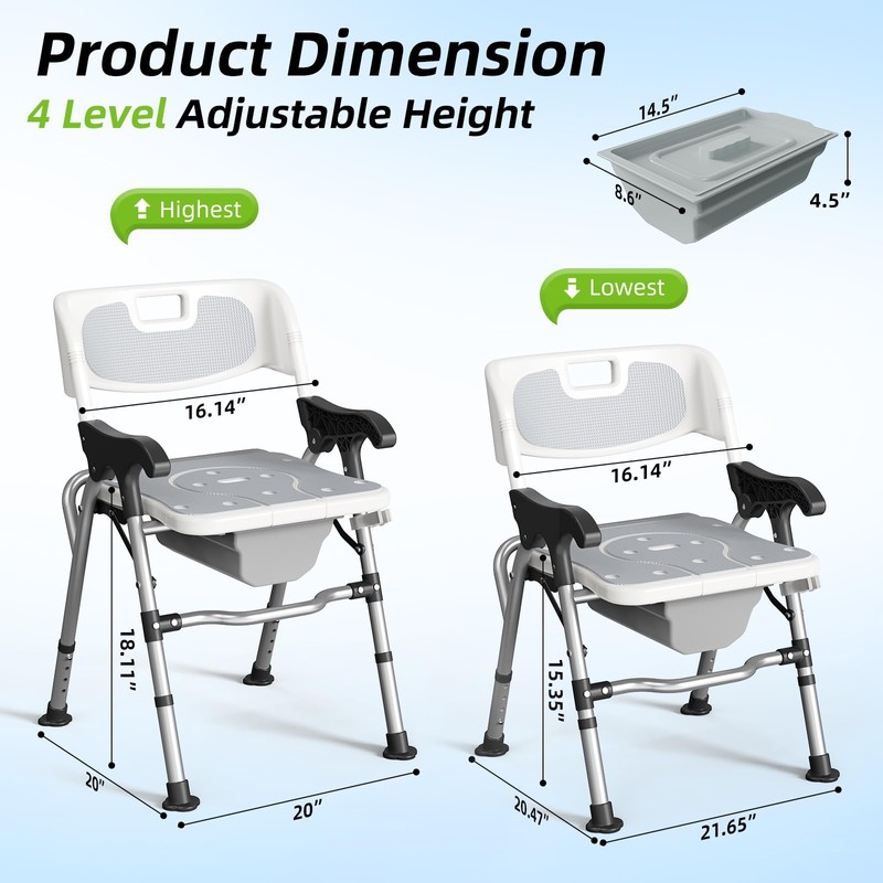 3-in-1 Shower Chair for Seniors, Foldable Bedside Commode, Height Adjustable