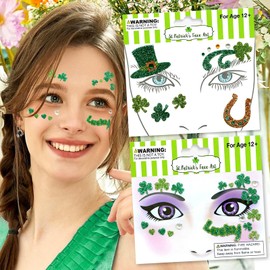 St. Patrick’s Day Face Sticker Clover Face Gem Sticker Green Hat Face Art Sticker Glitter Design Love Diamond Temporary Stickers Adult Child Face Eye Decoration for St. Patrick’s Day Party 2Sheet (06)