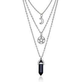 Moon Pentagram Necklace Healing Crystal Necklace for Women, Hexagonal Chakra Necklace, Multi Layer Necklace Gothic Necklace Gothic Jewellery for Women Girls Valentine's Day Mother's Day Gifts (Black)