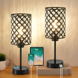 GyroVu Touch Control Table Lamp, Black Crystal Table Lamps Set of 2 with 2 USB Charging Ports, Dimmable Bedside Nightstand Lamps for Living Room, Bedroom, Guest Room, Bulbs Included