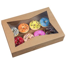 SOROO 8-PACK Brown Pastry Bakery Box 16x11x2.75inch,Large Donuts,Muffins,Cookies Boxes with Window Auto-Pop up Paper Box Nature Cardboard Take Out Container,Hold 12 Donuts,Pack of 8