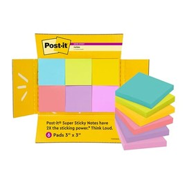 Post-it - Notas súper adhesivas, 3 x 3 pulgadas, 6 almohadillas para orejas/paquete, 90 hojas/almohadilla, colección exclusiva de colores brillantes, salpicaduras de agua, lima ácida, rosa tropical,