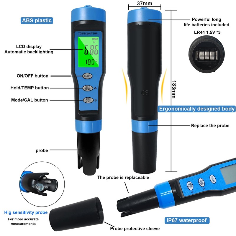 Ueomul pH Meter 4 in 1 with TDS EC Temperature