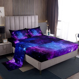 Purple Galaxy Bedding Set Full Kids Teens Girls Boys Starry Sky Fitted Sheet Space Universe Star Design, Soft Breathable Microfiber Home Decorative 4 Pcs Bedding Decor Set with 1 Flat &2 Pillowcases