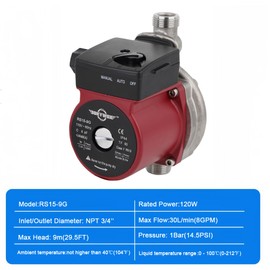 BOKYWOX 110V Food Grade Automatic Domestic Booster Pump NPT 3/4'' 120W Circulate Boost Pressure Water Pump for Solar Heater/Faucet Stainless Steel 304(RS15-9 SR) Red