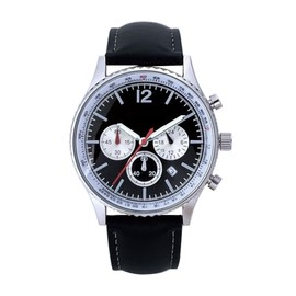 COMTEX Men's Chronograph Watch with Black Leather Band, Silver Case, Black Dial, Date Display
