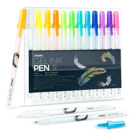 Ohuhu Gel Ink Ballpoint Pens, 12 Colors Gel Ink Pens, White Pens, Fine Point, 0.8mm for Watercolor Highlights, Notebook, Black Paper, Notebook, Set of 12