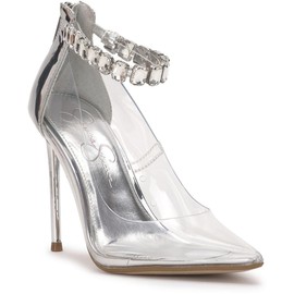 Jessica Simpson Women's Samiyah Embellished Ankle Strap Stiletto Pump, Clear/Silver, 9.5