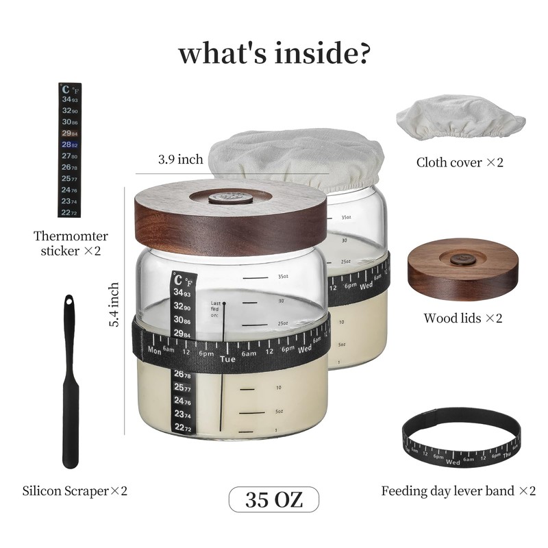 Sourdough Starter Jar 2Pack，Wood Sealed Lid with Automatic Exhaust,35OZ with
