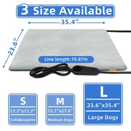 Toaspa Pet Heating Pad for Cats Dogs Electric Heated Bed Waterproof Warming Mat Indoor Outdoor Chew Resistant Cord Adjustable 5 Timer and 6 Level Temperature for Pets Puppy Animals-Small-35.4x23.6in