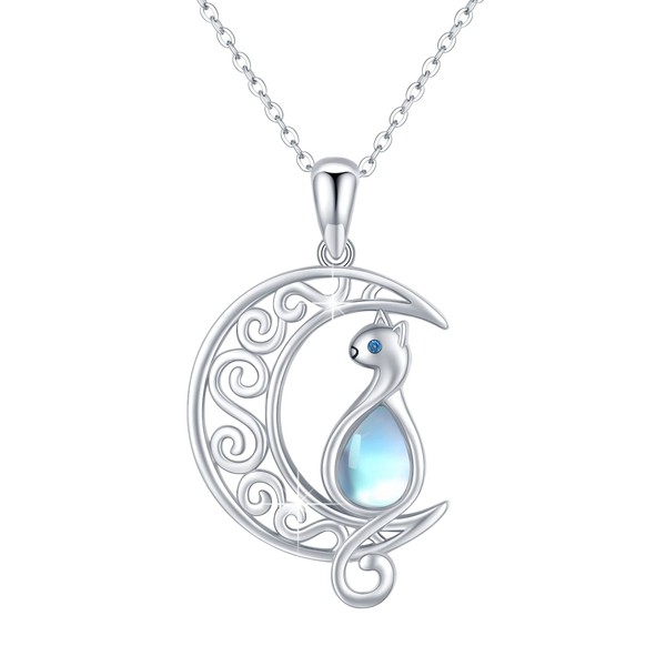 Cat Necklace for Women Sterling Silver Moonstone Moon Necklace Animal