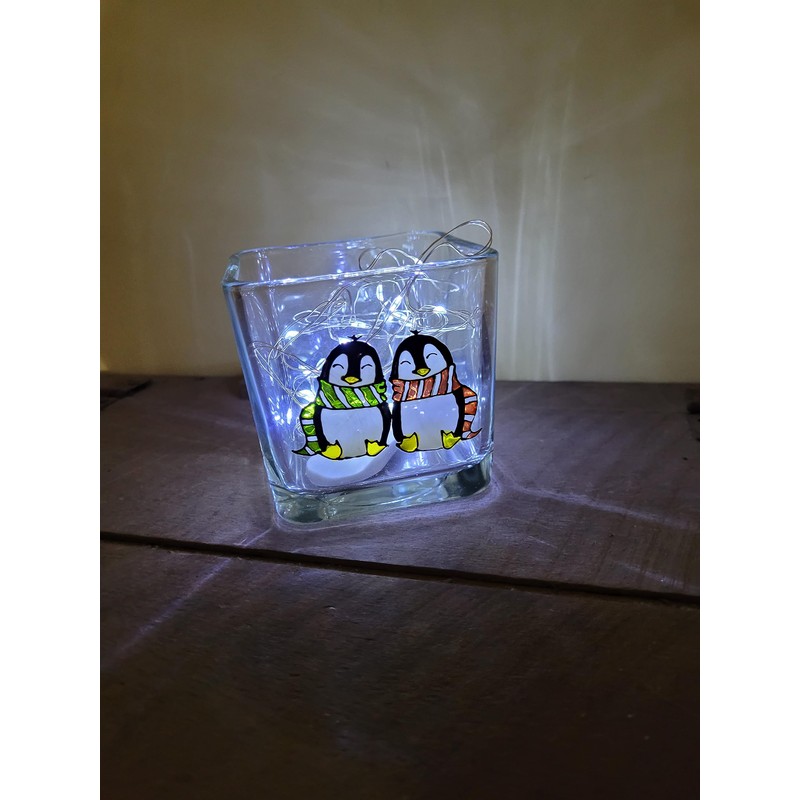 Winter Penguin Couple Glass Square Candle Holder Seasonal Home Decor