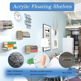 BSDYCL Acrylic Floating Wall Shelves – Small Clear Display Shelves with Wire Hole for Smart Speakers, Monitors, Alarm Clocks, and More – Mini Wall-Mounted Shelf for Bedroom, Office, and Living Room