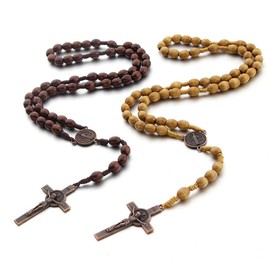 COLORFUL BLING Handmade Catholic Rosaries With Jesus Wood Necklace,Crucifix Christian Cross Wood Prayer Beads Pendant Necklace,Unisex Necklace