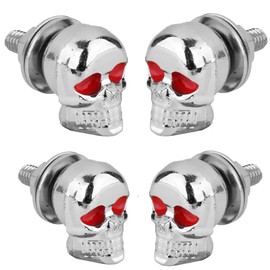 4x 6mm Custom Chrome Aluminum 3D Design Skull Red Eye License Plate Tag Frame Bolts Set Universal Fit Motorcycle ATV Trailer