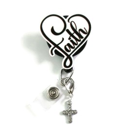 Faith Heart and Cross Badge Reel, Christian Badge Reel, Cross Badge Holder, Medical Nursing ID Holder, Cross Charm Bible Quote Badge Reel