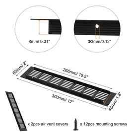 sourcing map Rectangle Ventilation Grille, Aluminum Alloy Mesh Air Vent Cover Louvered Ventilation Cover with Mounting Screws for Cabinet Shoe Closet (300x60mm/12"x2", Black)