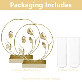 CXRYLZ 2pcs Gold Flower Vase for Home Decor, Circle Wire Frame and Pedestal with Glass Plant Test Tube Set, Unique Trendy Boho Art Bud Vase Small Accent for Living Room Wedding Centerpieces Decorative