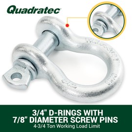 Quadratec 3/4" D-Ring Shackle - Galvanized Finish - 3/4" D-Rings with 7/8" Diameter Screw Pins - 4-3/4 Ton Working Load Limit - Fits Clevis Tabs Up to 1.25" Thick - Heavy Duty Steel