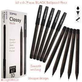 ZOFAX Classy 10 x 0.7mm Fine Biros BLACK Stick Ballpoint Pens Smooth Writing Comfort Trio Grip - Business School Hospital Office Home Ideal
