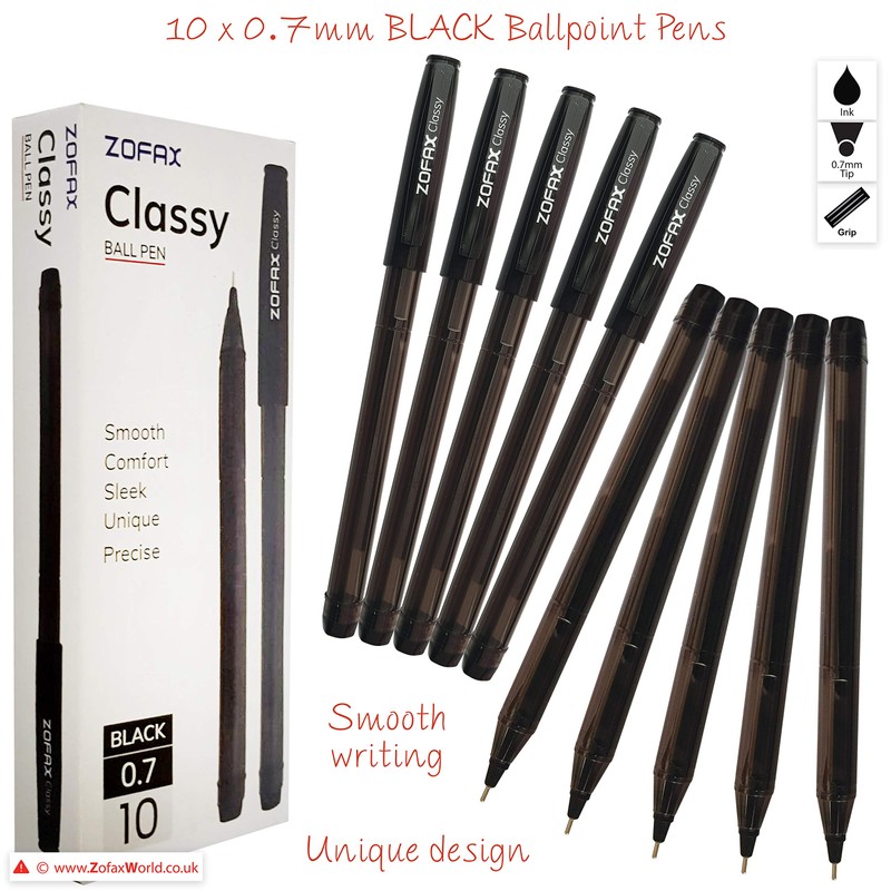 ZOFAX Classy 10 x 0.7mm Fine Biros BLACK Stick Ballpoint