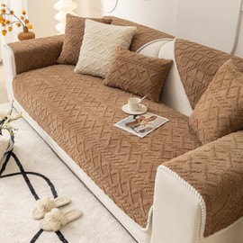 vctops Geometric Jacquard Plush Sofa Couch Covers Farmhouse Neutral Non Slip Sectional Couch Cover Soft Warm Sofa Slipcover for Dogs, Children, Pets Furniture Protector (Coffee,43"x82")