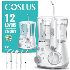 COSLUS E2 Irrigador Bucal Avanzado: 2 Modos y 12 Ajustes de Presión para Ortodoncia, Brackets y Encías Sensibles - Uso Doméstico, 5 Puntas para Múltip